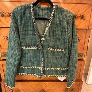 NWT J.ING Green Tweed Jacket Braided Trim Chanel Inspired Lady Jacket Sz L